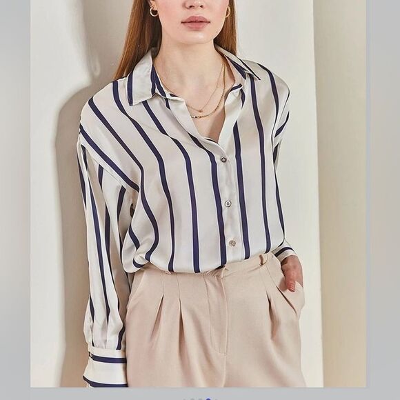 NWT Satin Effect Shirt ~ Navy Blue and Ivory Striped - Picture 8 of 14